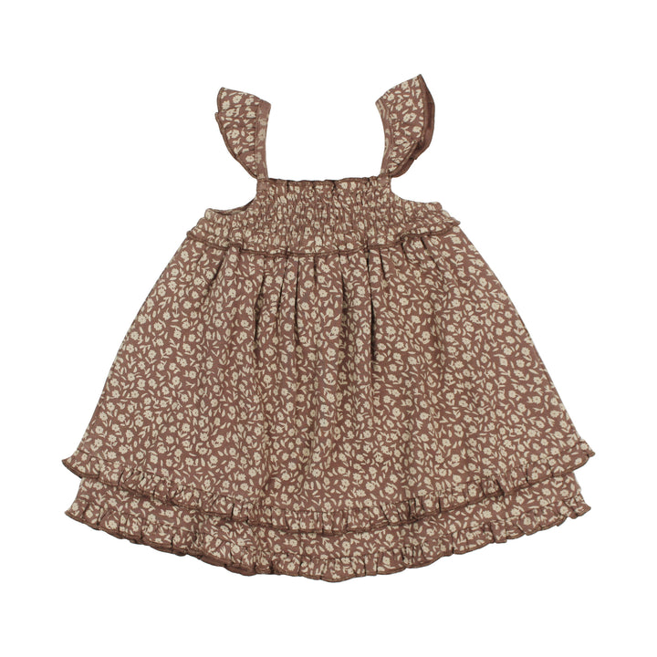 Printed Smocked Summer Dress in Latte Floral.