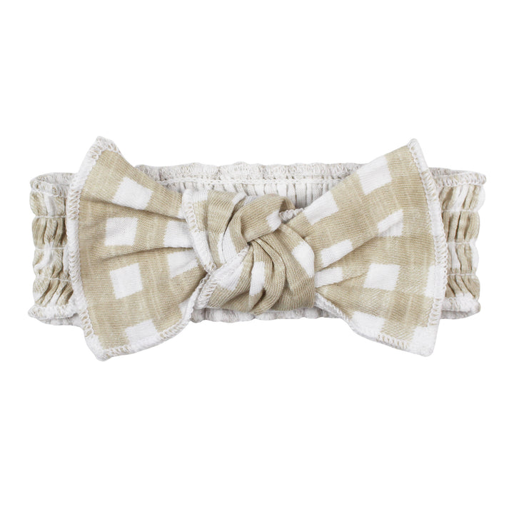 Slub Jersey Smocked Headband in Stone Gingham.