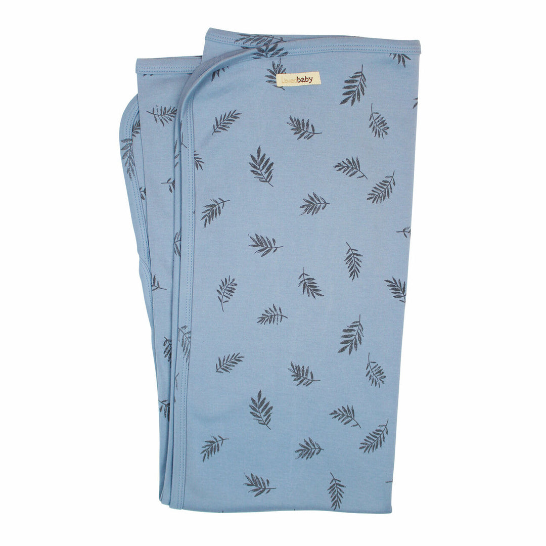 Organic Swaddling Blanket, Print in Pool Fern, medium gray flower print on blue background.