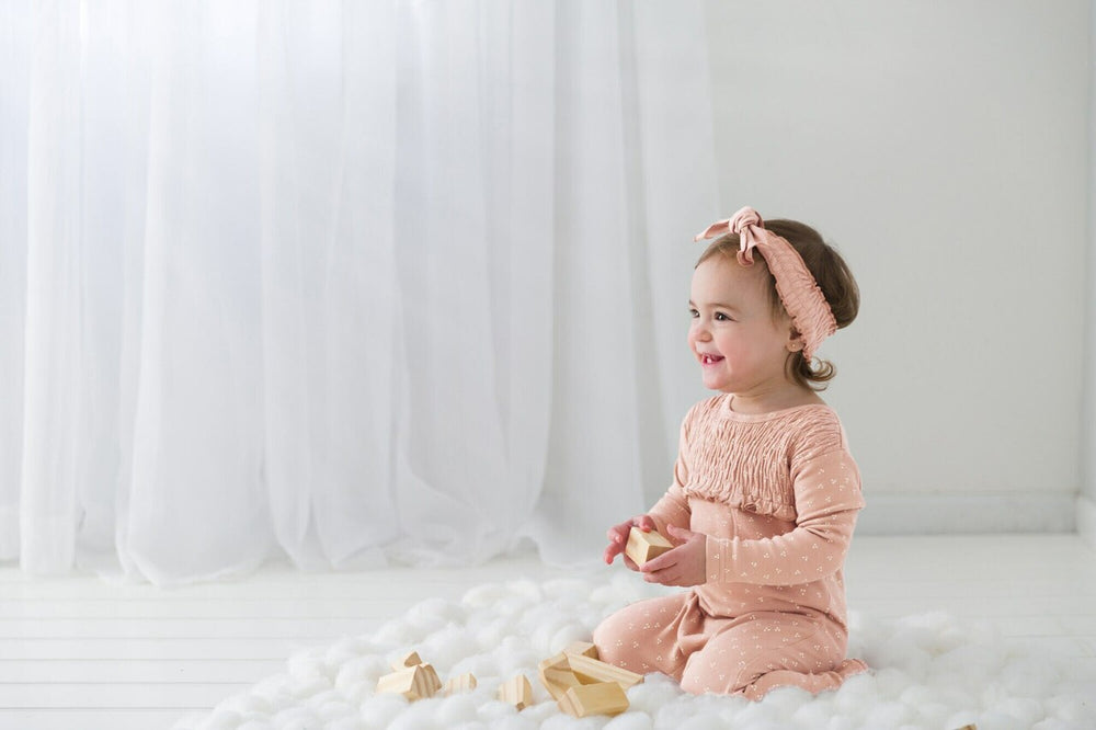 Organic Smocked Tie Headband in Rosewater, Lifestyle