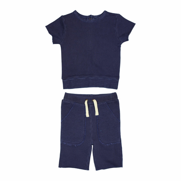 Kids' French Terry Shorts & Tee Set in Indigo, a dark blue color.