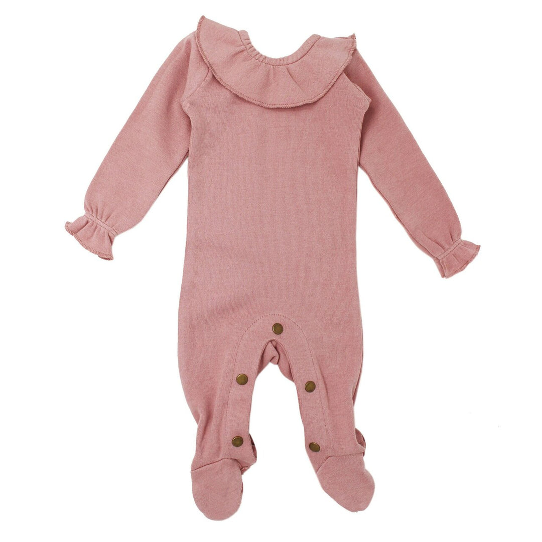 Organic Ruffle Baby Footie in Mauve, Flat