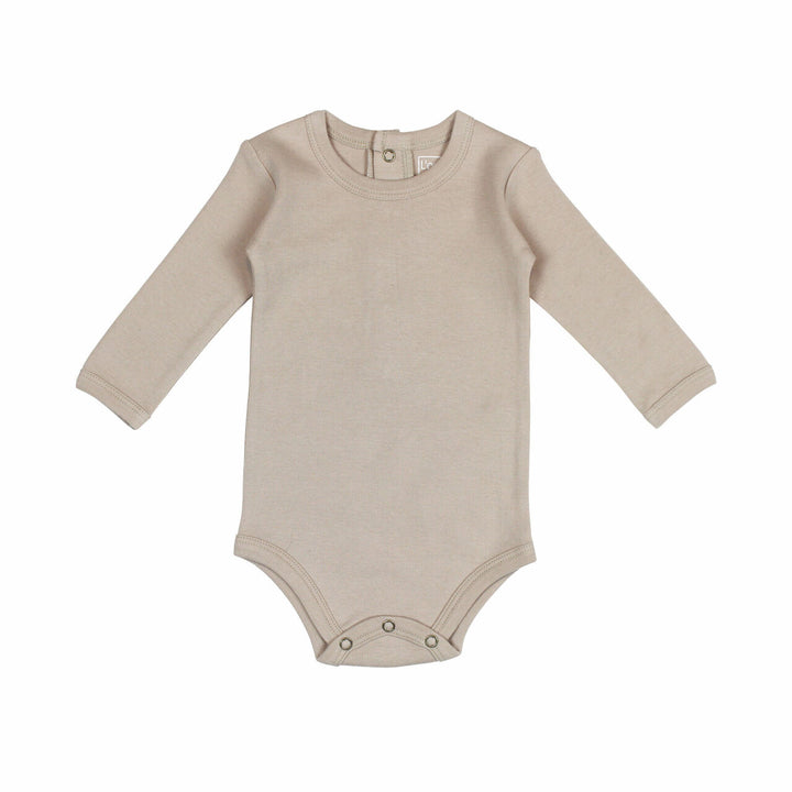 Organic Long-Sleeve Bodysuit in Oatmeal, a light tan color.