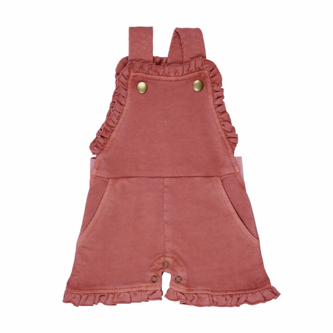 French Terry Ruffle Romper in Sienna, a dark pink color.