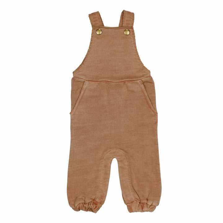 French Terry Overall Romper in Adobe, a tan clay color.