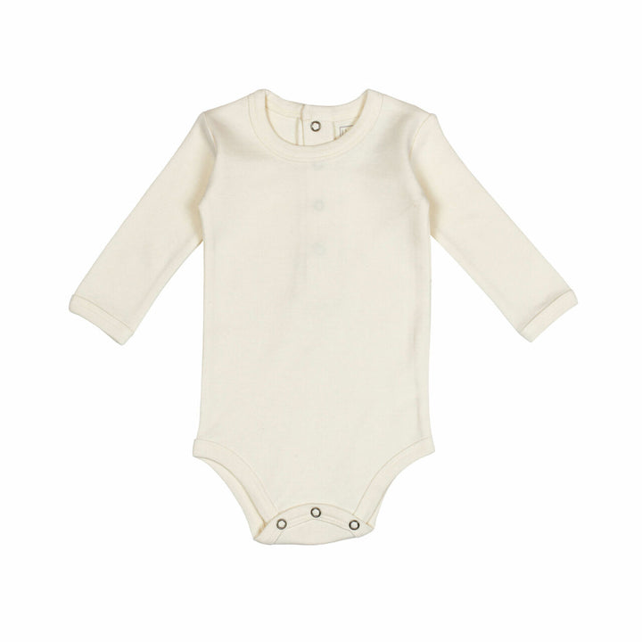 Organic Long-Sleeve Bodysuit in Buttercream, a light beige color.