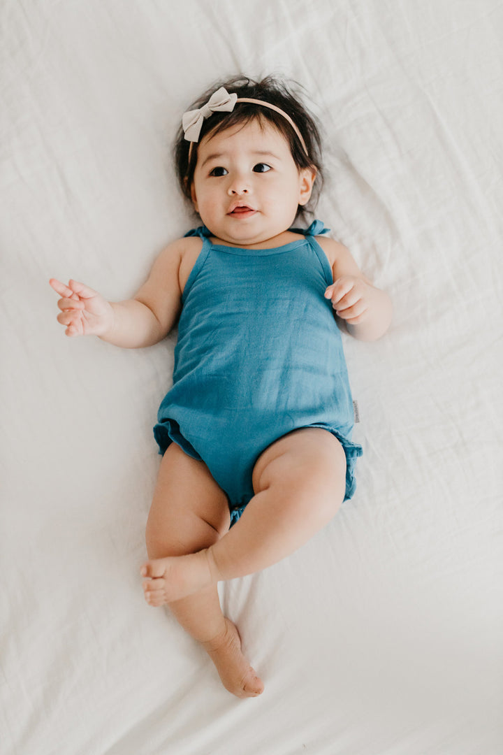 Organic Muslin Tie-Shoulder Bodysuit in Pacific