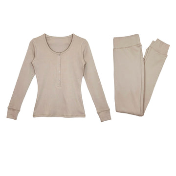 Women's Organic Lounge Set in Oatmeal, a light tan color.