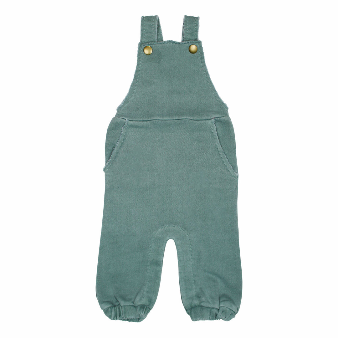 French Terry Overall Romper in Jade, a blue green color.