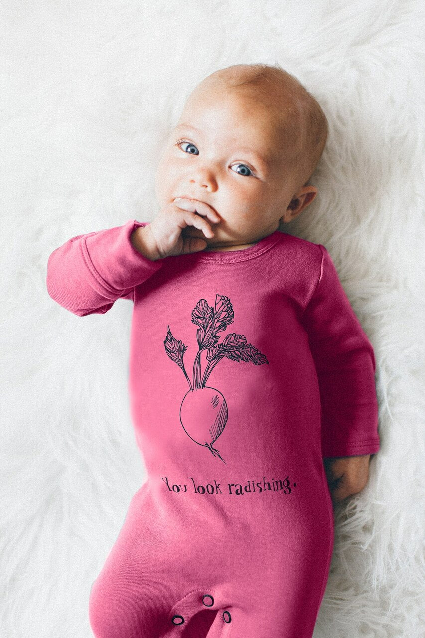 Organic Graphic Footie in Magenta Radish, Lifestyle