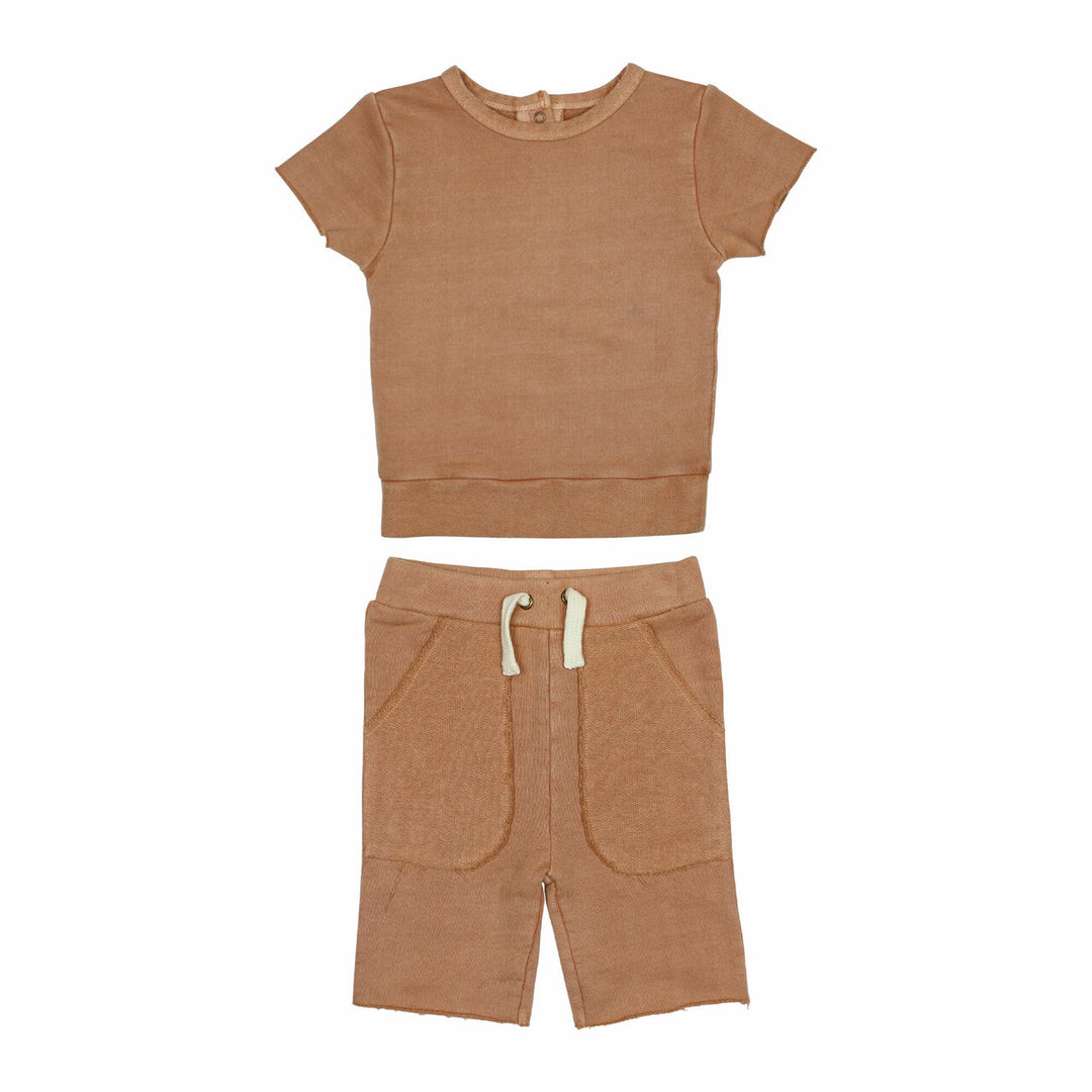 Kids' French Terry Shorts & Tee Set in Adobe, a tan clay color.