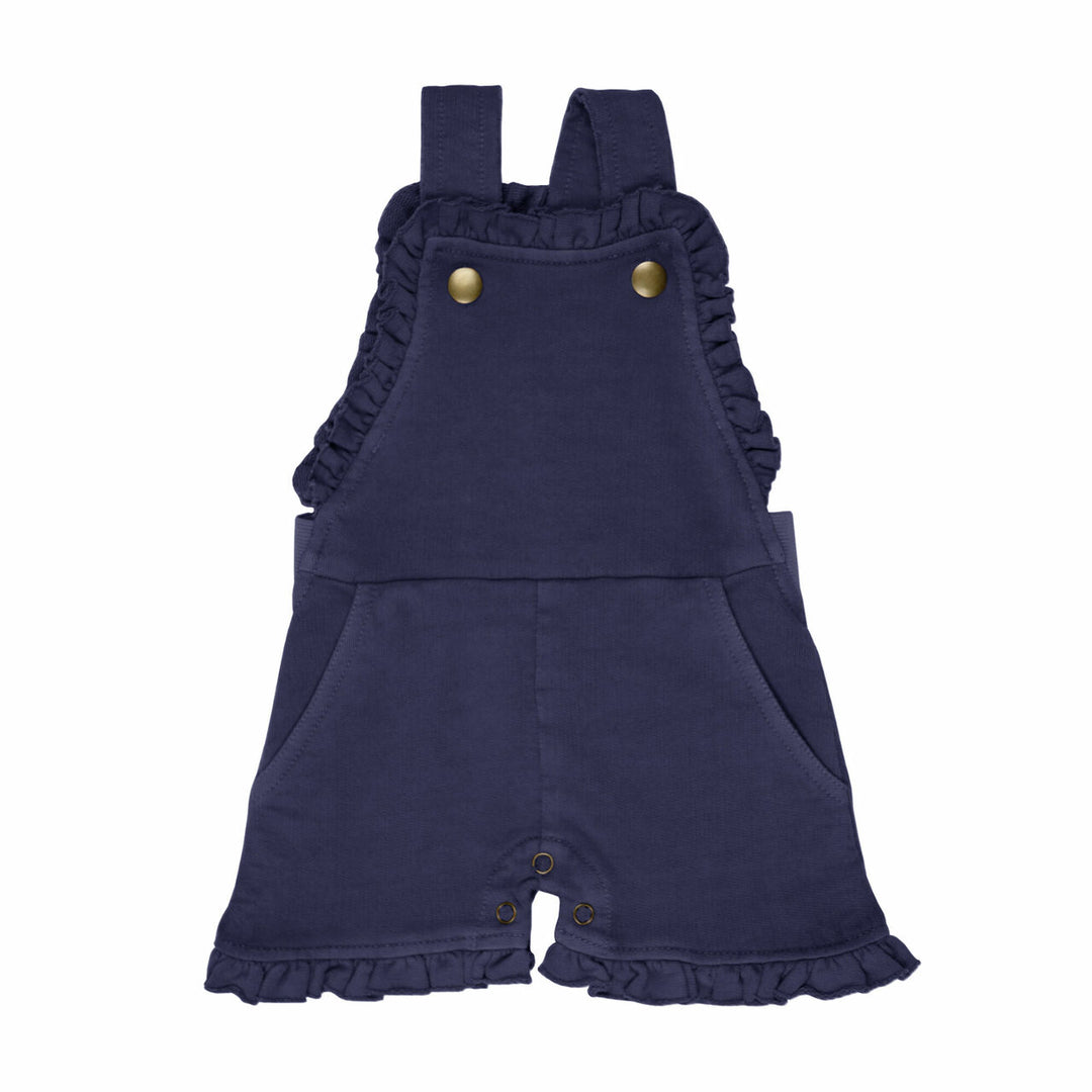 French Terry Ruffle Romper in Indigo, a dark blue color.