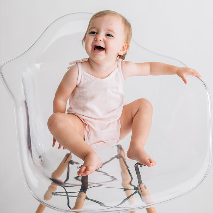 Organic Muslin Ruffle Bodysuit in Blush, Lifestyle