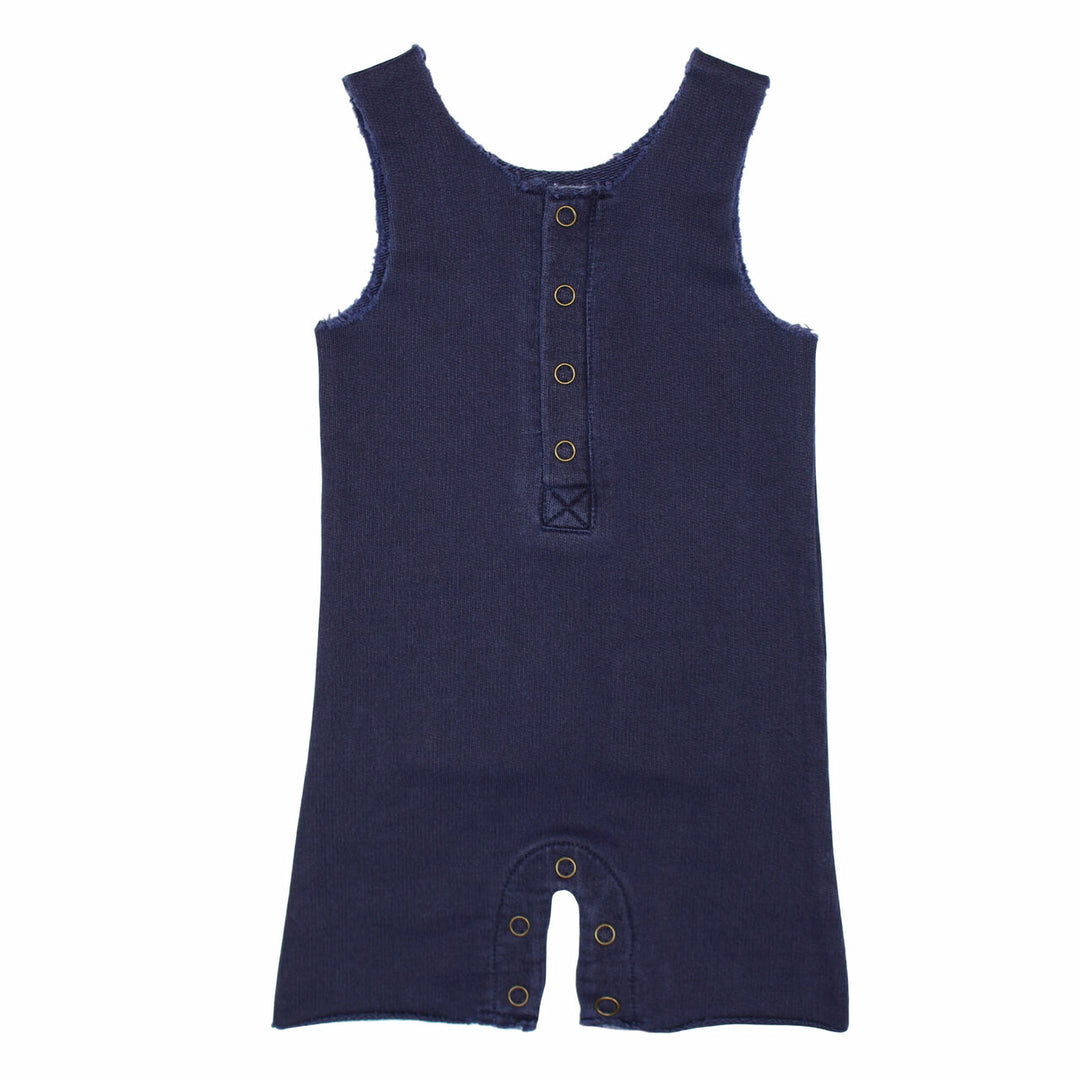 French Terry 2-Sided Romper in Indigo, a dark blue color.