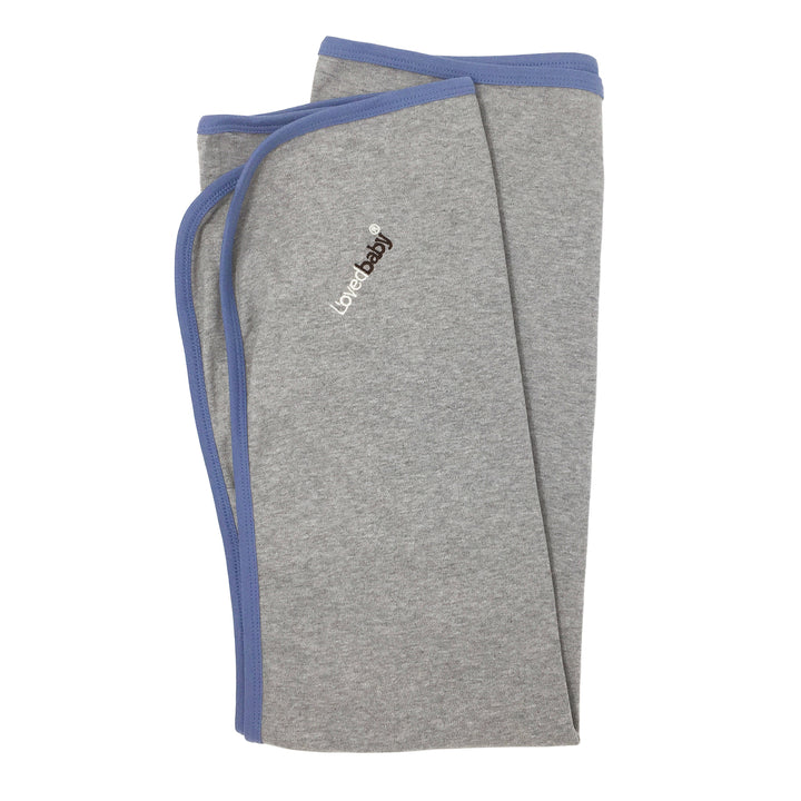 Organic Swaddling Blanket in Slate Heather, a heather gray fabric with medium blue trims.