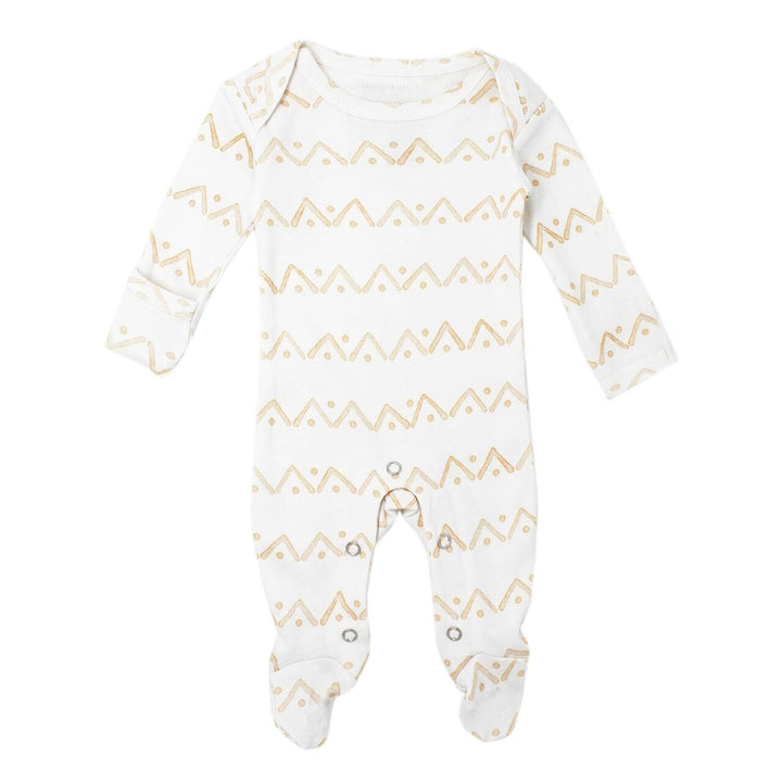 Organic Lap-Shoulder Baby Footie in Honey Zigzag, Flat