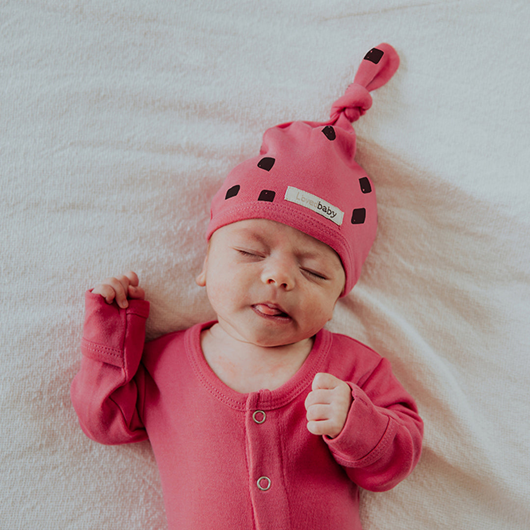 Organic Top-Knot Hat in Berry Stone, Lifestyle