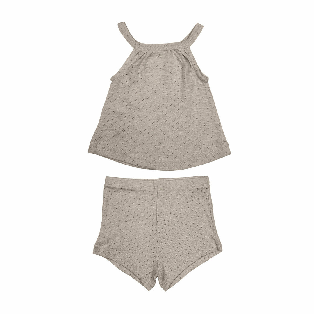 Pointelle Tank & Tap Short Set in Sand Castle, a medium tan color.