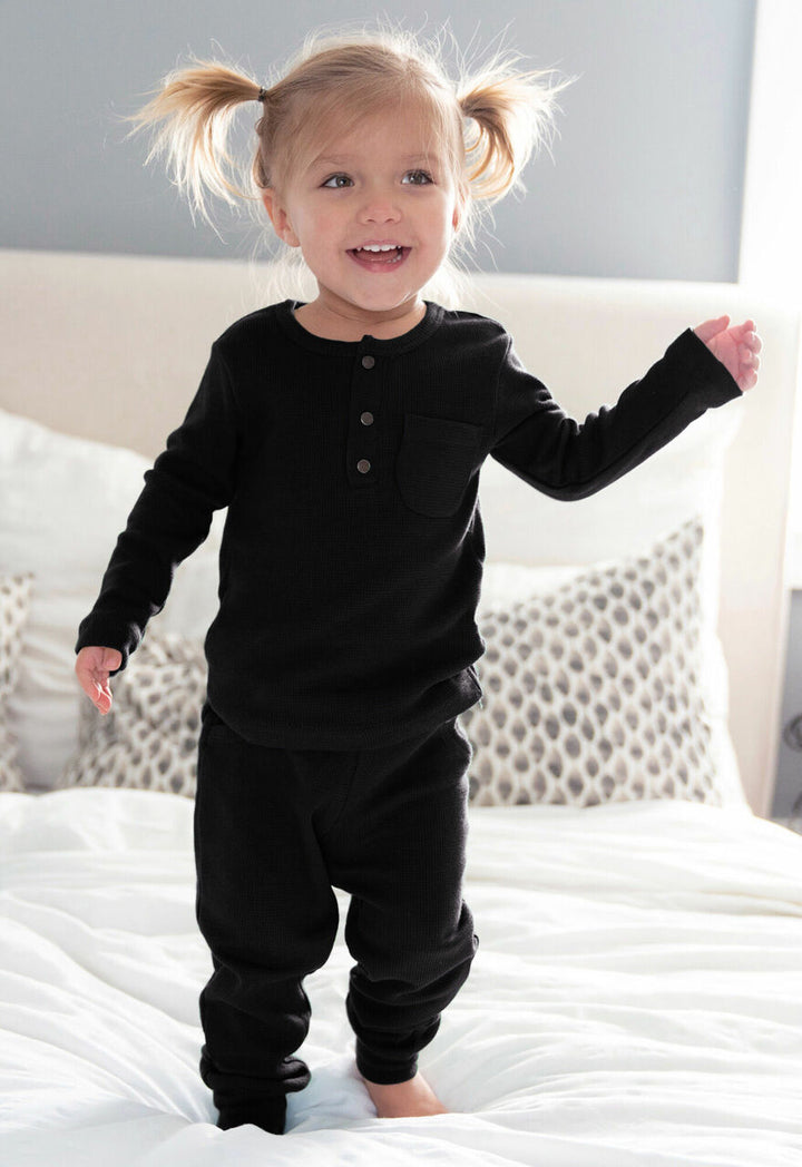 Organic Kids' Thermal L/Sleeve Shirt in Black, Lifestyle