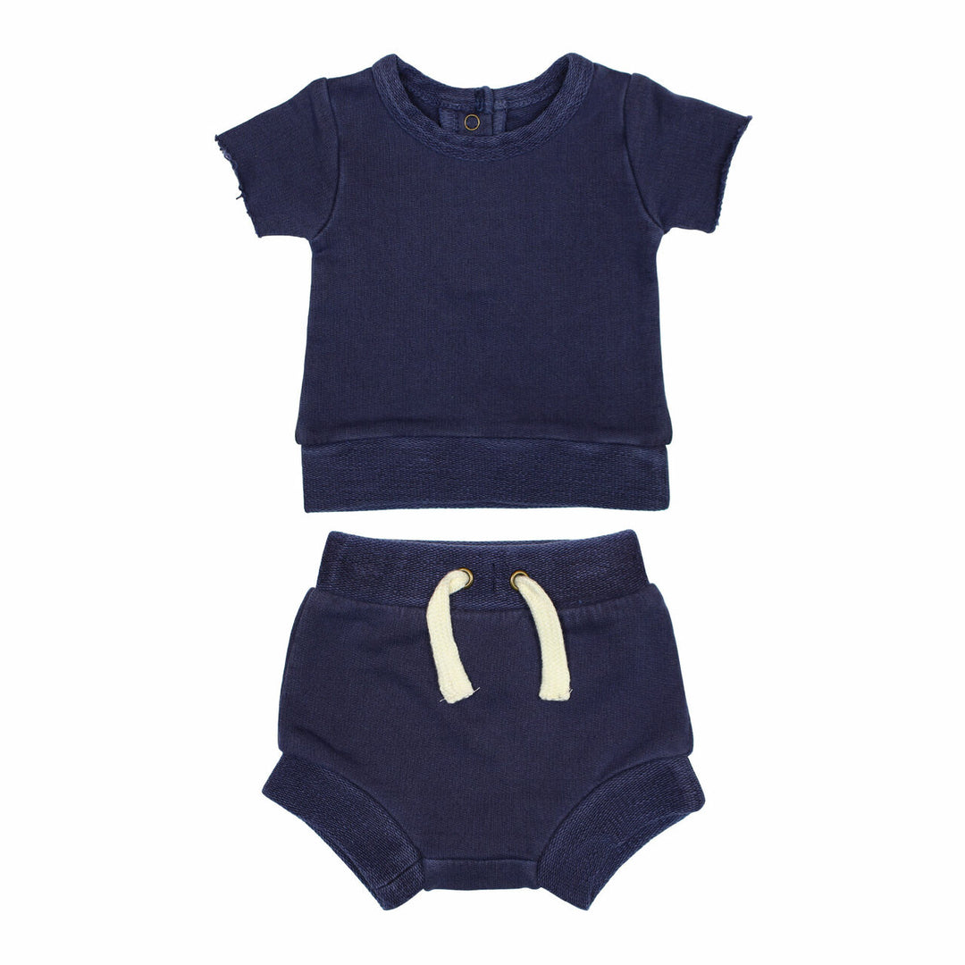 French Terry Tee & Shorties Set in Indigo, a dark blue color.