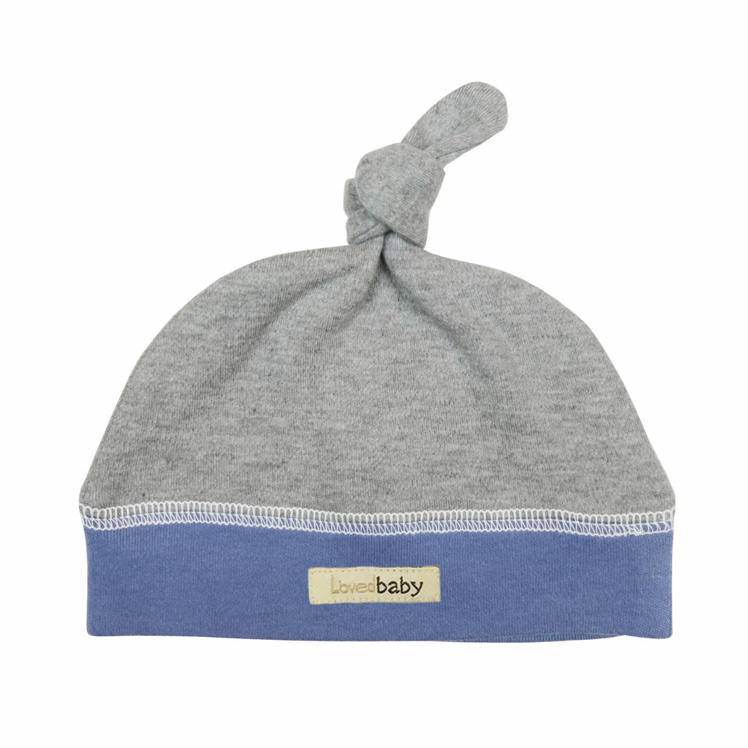 Organic Banded Top-Knot Hat in Slate Heather, a heather gray fabric with medium blue trims.