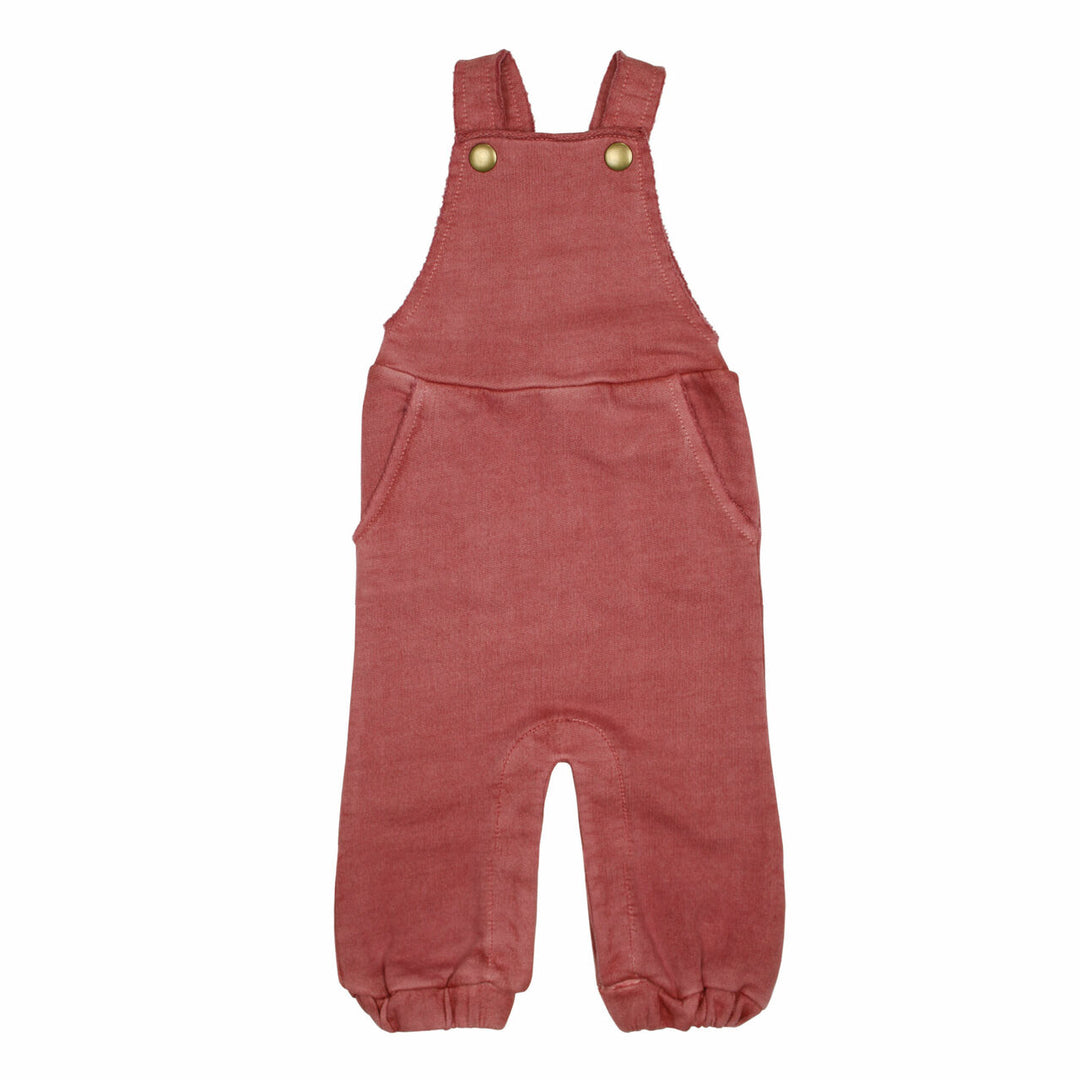 French Terry Overall Romper in Sienna, a dark pink color.