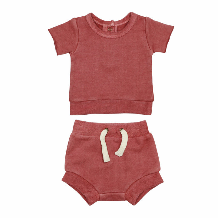 French Terry Tee & Shorties Set in Sienna, a dark pink color.