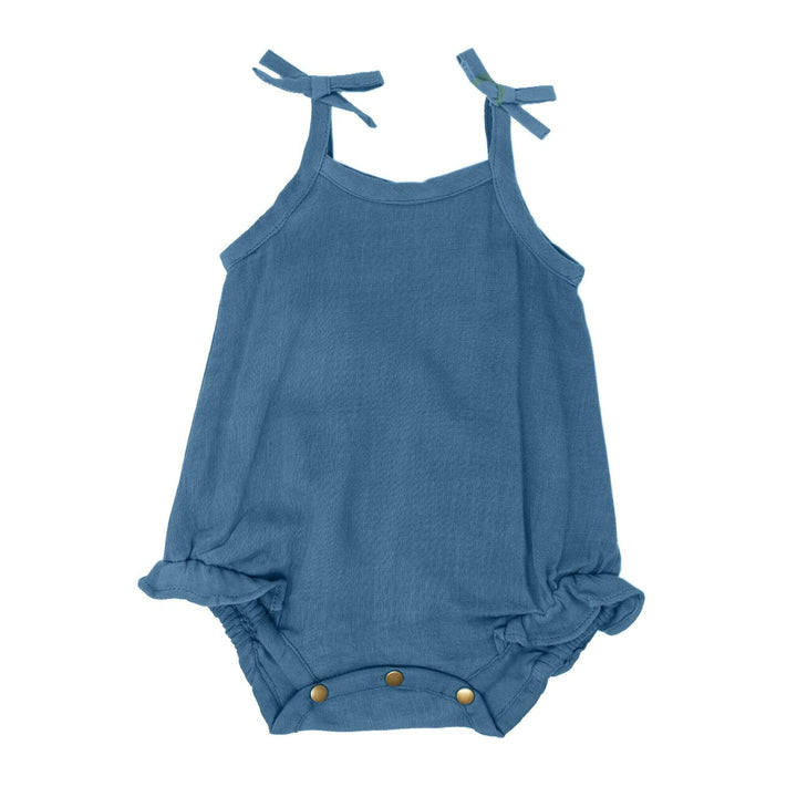 Organic Muslin Tie-Shoulder Bodysuit in Pacific, Flat