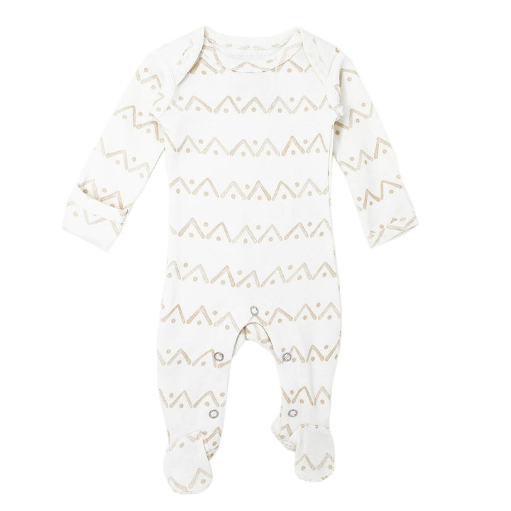 Organic Lap-Shoulder Baby Footie in Tan Zigzag, Flat