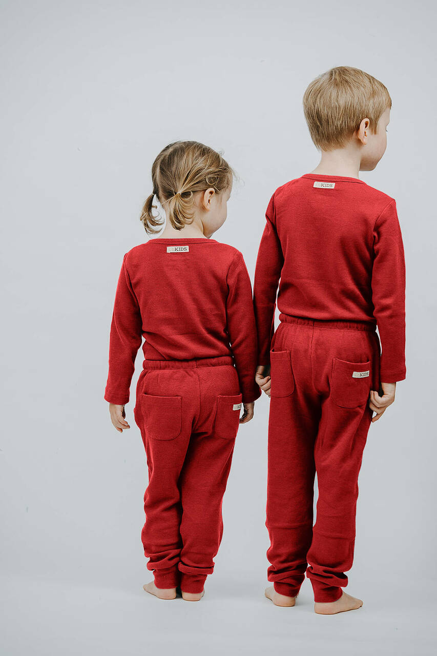 Organic Thermal Kids' Jogger Pants in Cherry, Flat