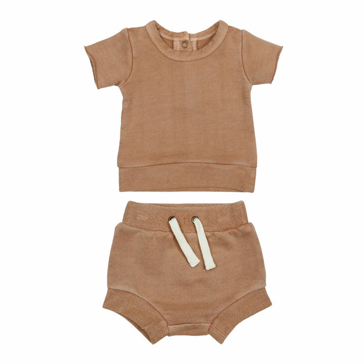 French Terry Tee & Shorties Set in Adobe, a tan clay color.