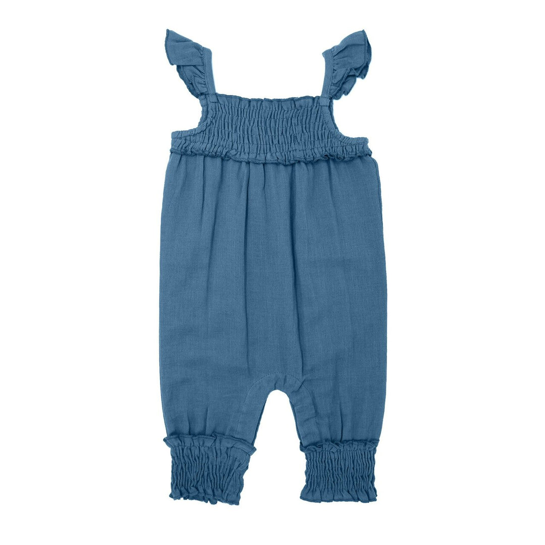 Organic Kids' Muslin Sleeveless Romper in Pacific, Flat