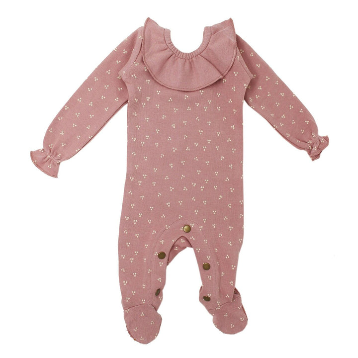 Organic Ruffle Baby Footie in Mauve Dots, Flat