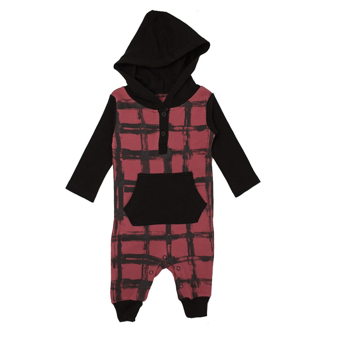 Organic Hooded Long-Sleeve Romper in Appleberry Plaid, Flat