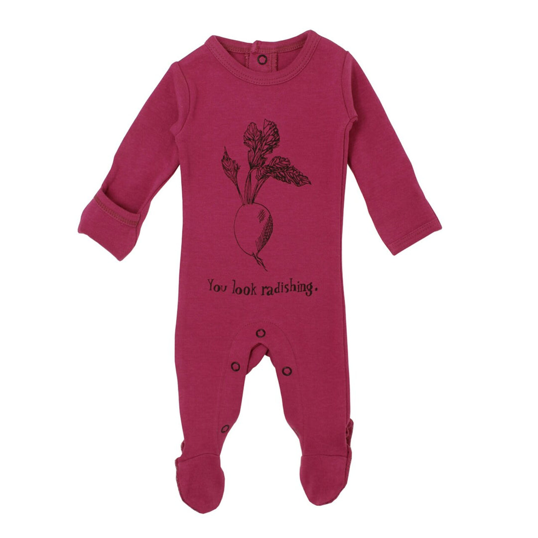 Organic Graphic Footie in Magenta Radish, Flat