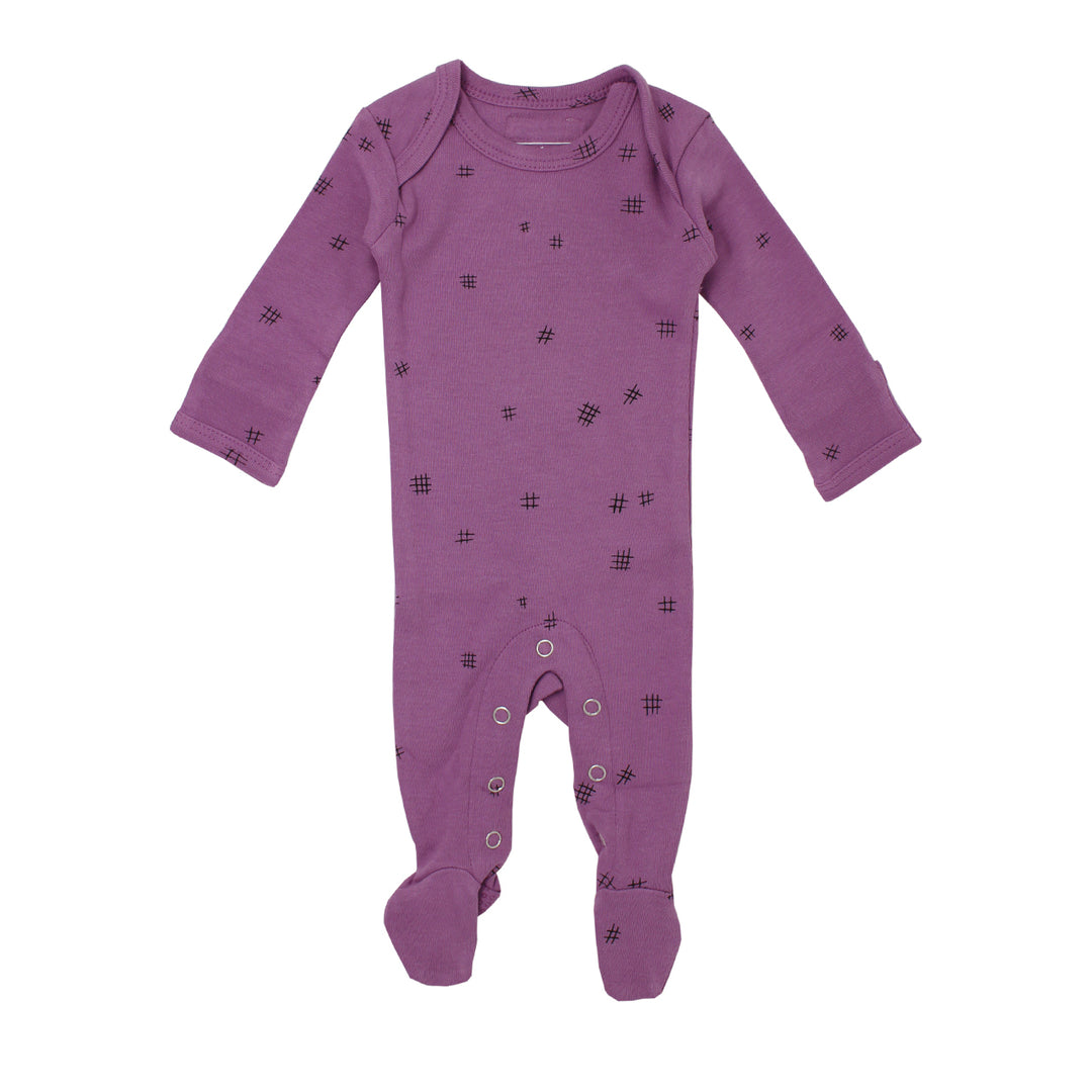 Organic Lap-Shoulder Footed Overall in Grape Hatch, Flat