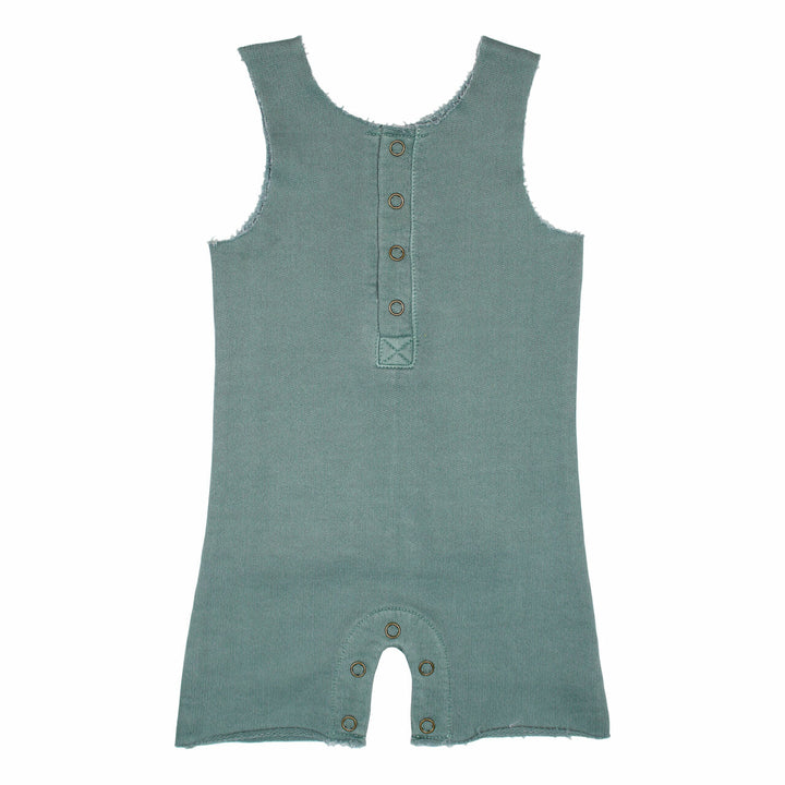 French Terry 2-Sided Romper in Jade, a blue green color.