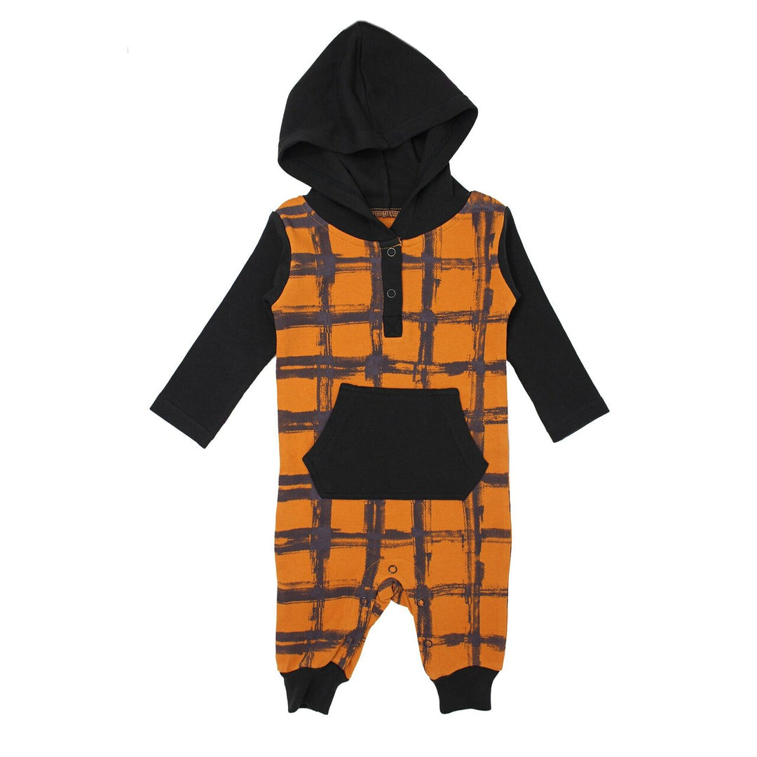 Organic Hooded Long-Sleeve Romper in Butternut Plaid, Flat