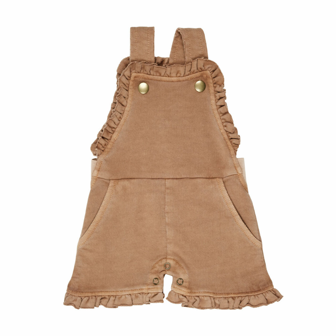 French Terry Ruffle Romper in Adobe, a tan clay color.