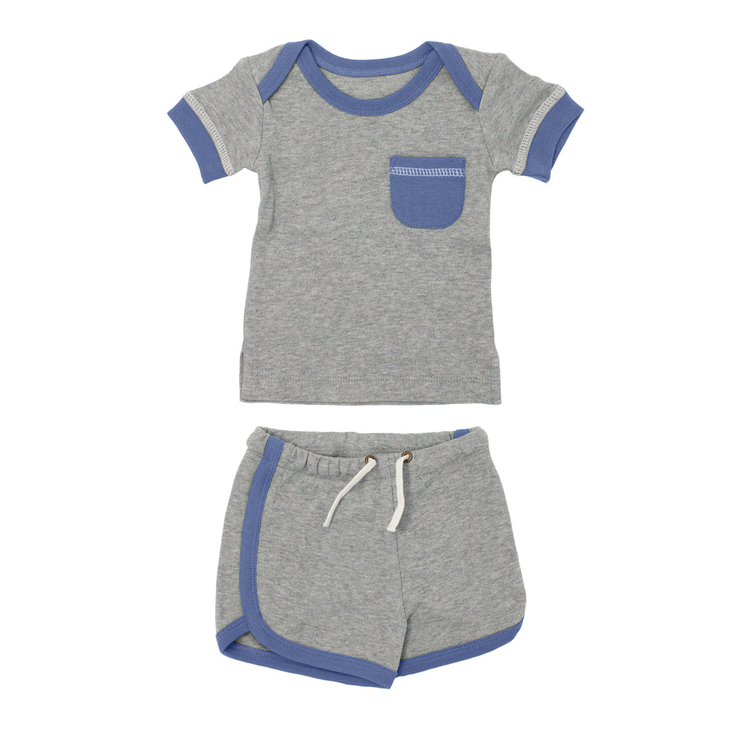 Kids' Tee & Track Short Set in Slate Heather, a heather gray fabric with medium blue trims.