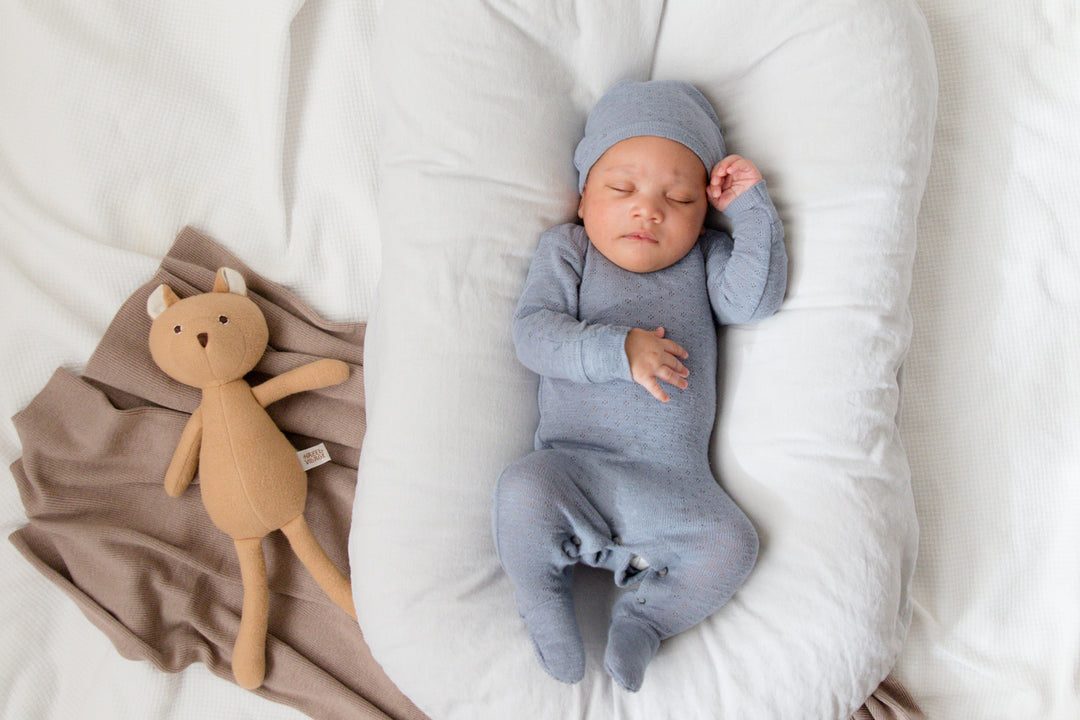 Pointelle Lap-Shoulder Baby Footie in Pool, Lifestyle
ErinDunlap Photography