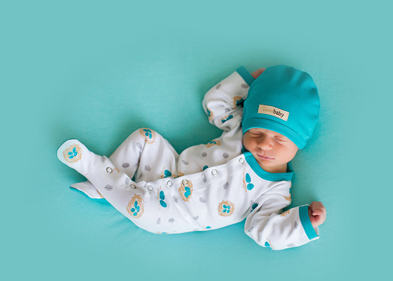 Organic Footed Overall in Teal Nest, Flat