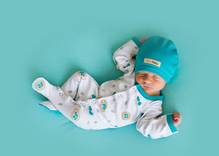 Organic Footed Overall in Teal Nest, Flat