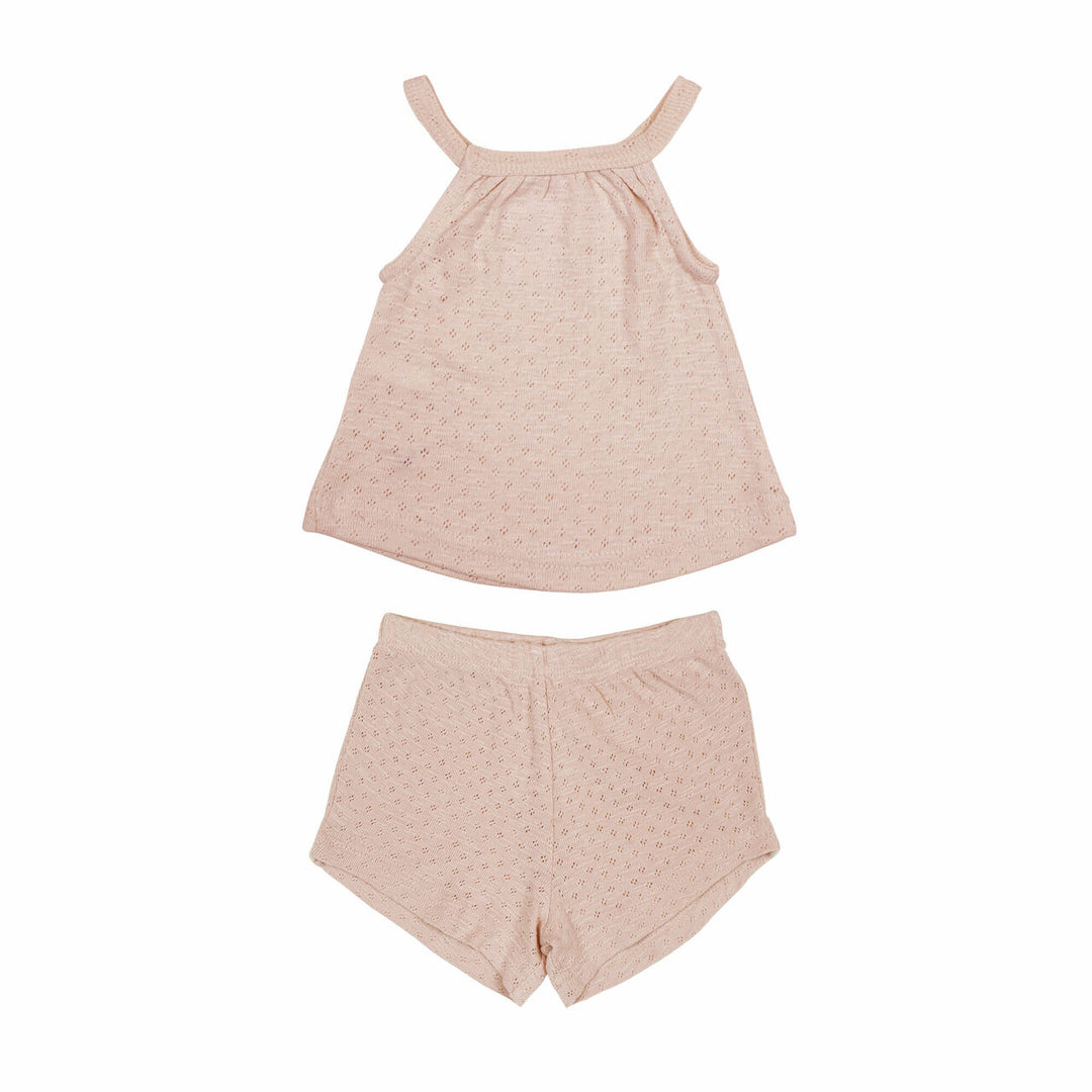 Pointelle Tank & Tap Short Set in Mermaid, a shimmery light pink color.