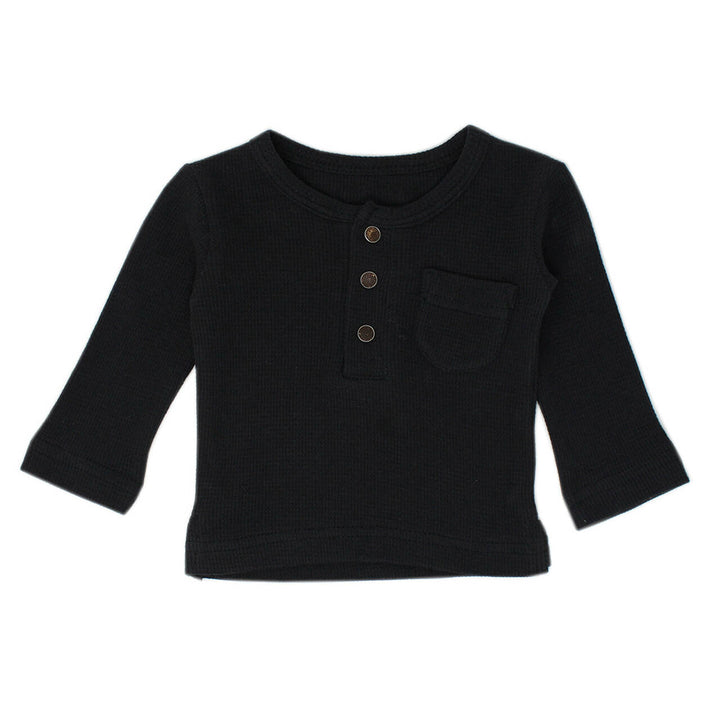 Organic Kids' Thermal L/Sleeve Shirt in Black, Flat