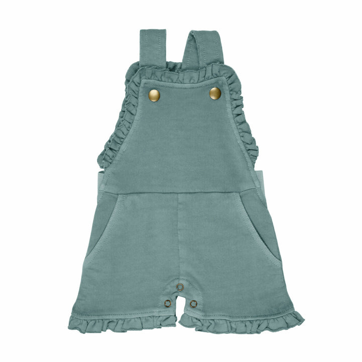 French Terry Ruffle Romper in Jade, a blue green color.