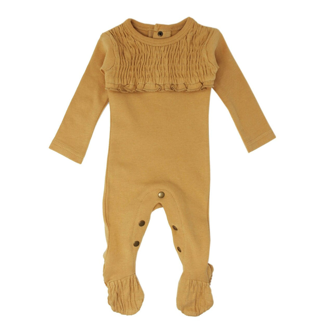 Organic Smocked Baby Footie in Honey, Flat