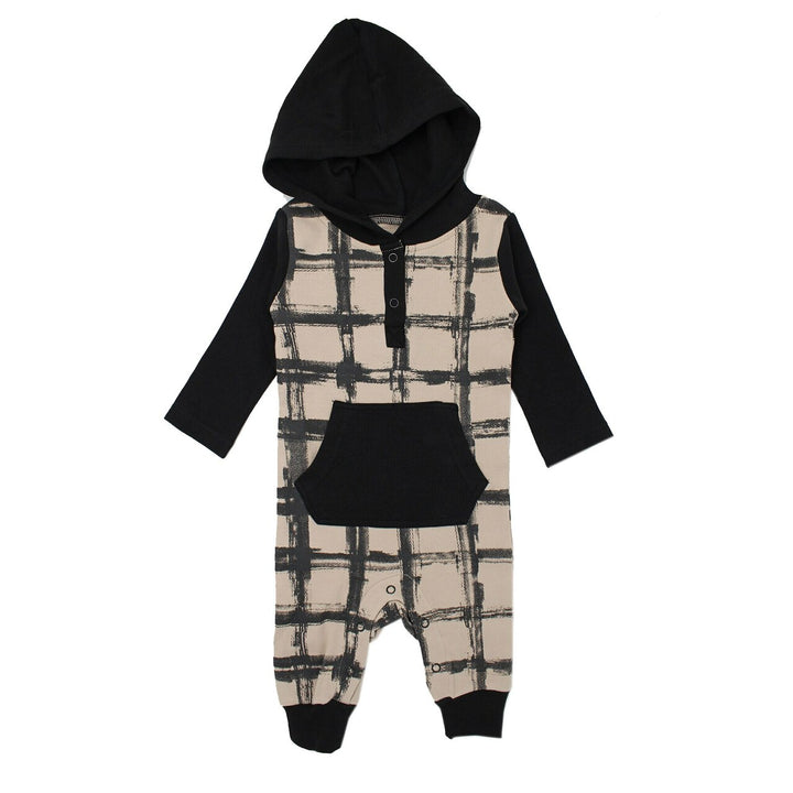 Organic Hooded Long-Sleeve Romper in Oatmeal Plaid, Flat