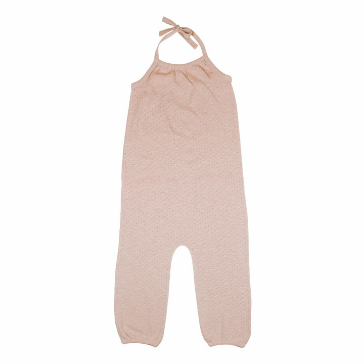 Kid's Pointelle Halter Romper in Mermaid, a shimmery light pink color.