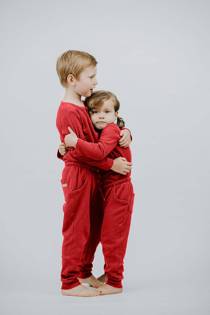 Organic Thermal Kids' Jogger Pants in Cherry, Flat